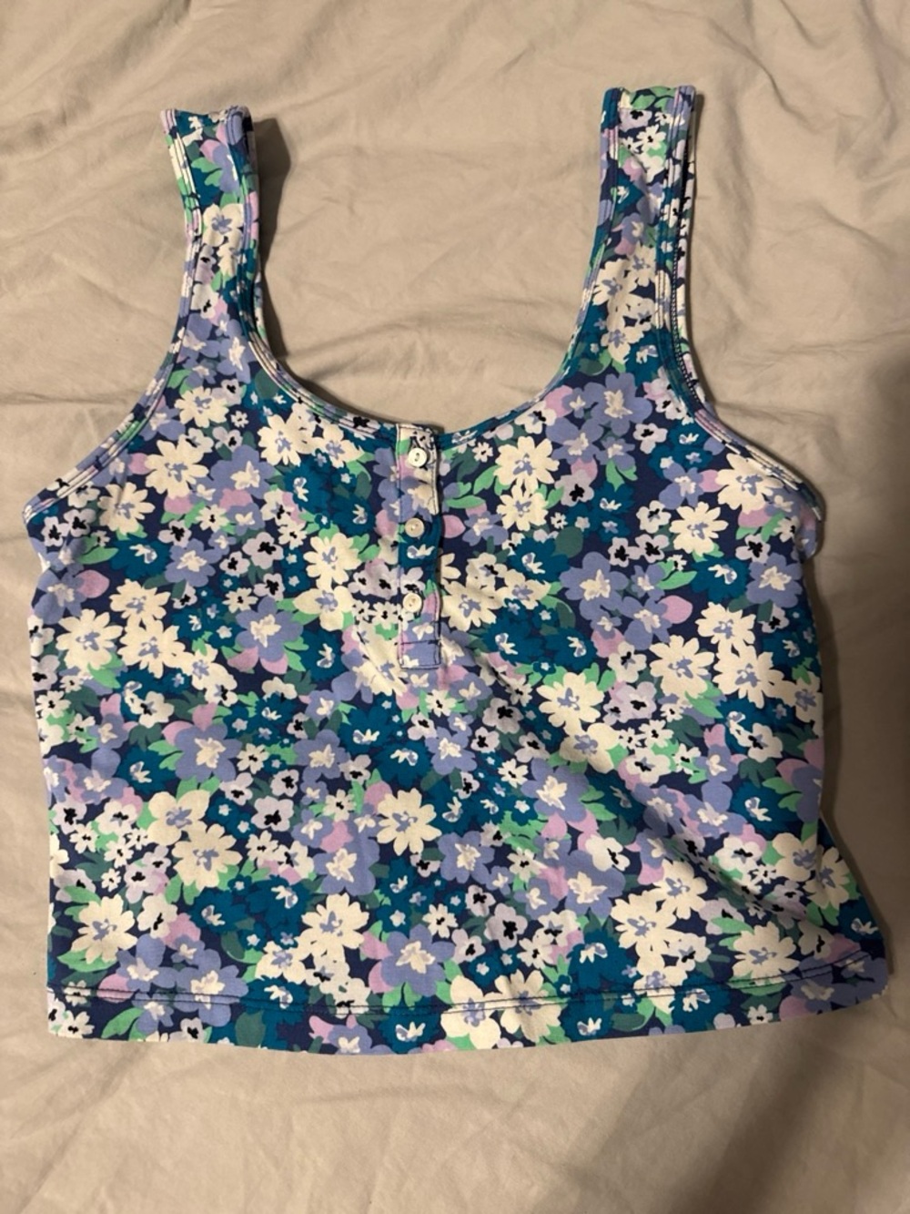 Old Navy Floral Henley Crop Tank in Blue, Purple, Green and White